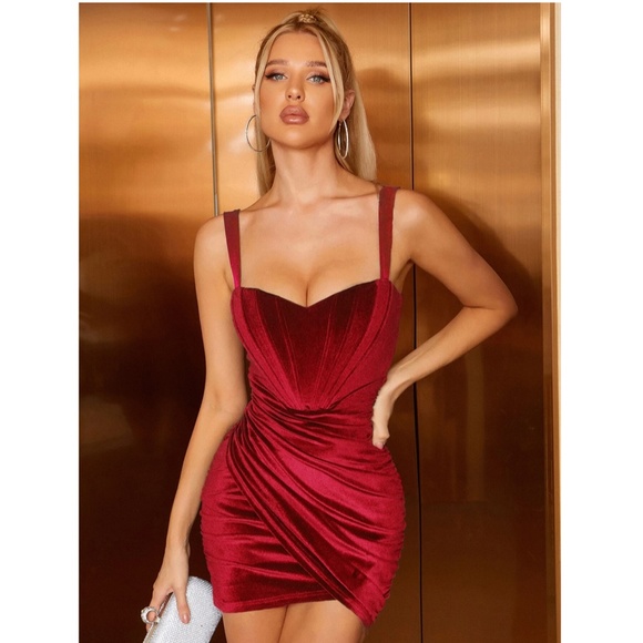 Corset Top Velvet Bodycon Mini Dress Red Sweetheart Decollete Ruched - Picture 7 of 16